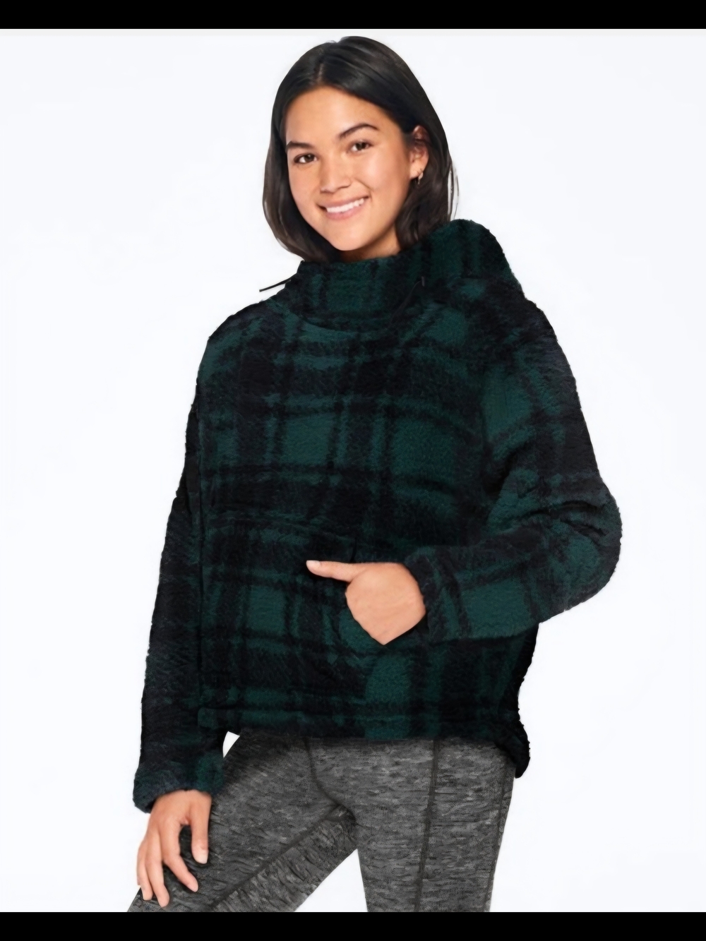 PINK VS Green and Black Plaid Sherpa Teddy Hoodie